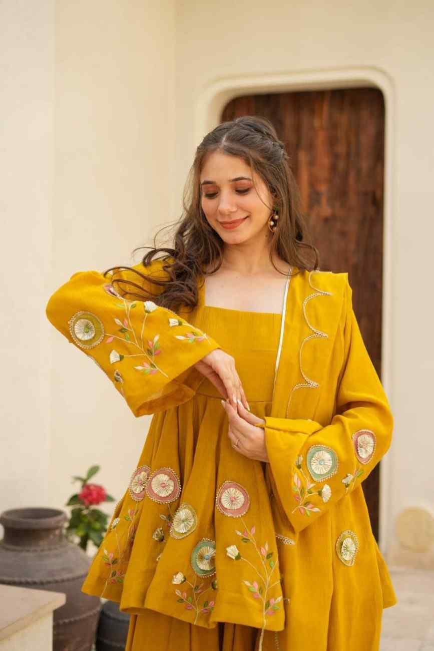 Chinon Palazzo Suit Set with Hand Patch Gota Work & Designer Dupatta