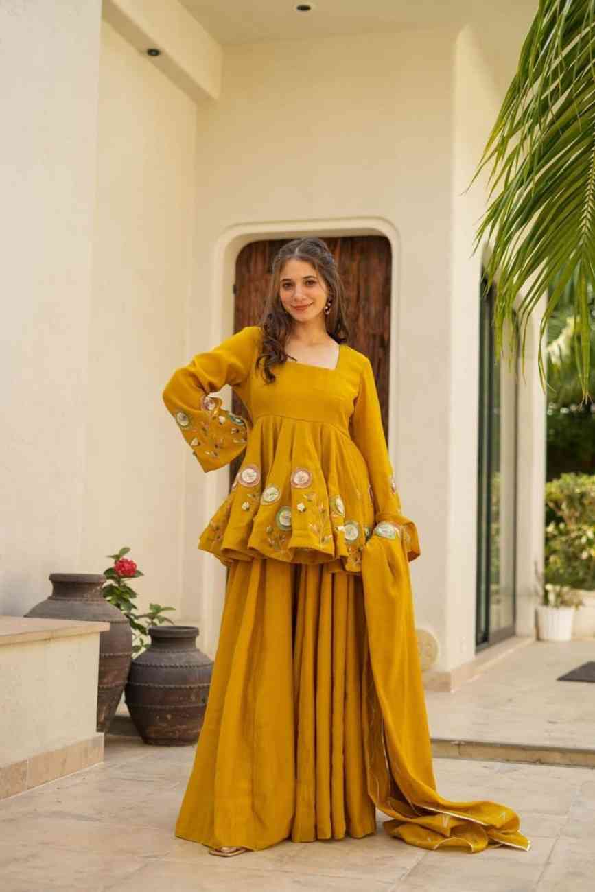 Chinon Palazzo Suit Set with Hand Patch Gota Work & Designer Dupatta