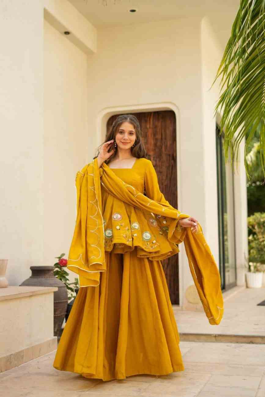 Chinon Palazzo Suit Set with Hand Patch Gota Work & Designer Dupatta