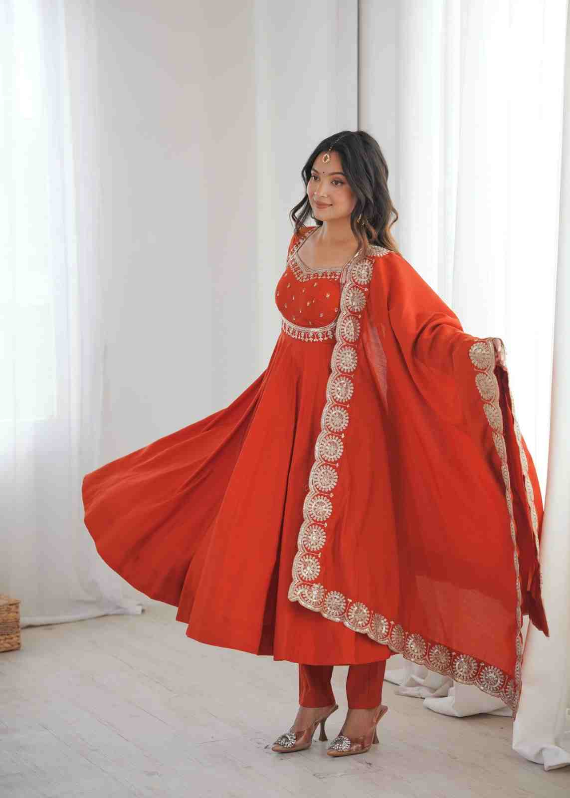 Elegant embroidered Roman Silk Anarkali