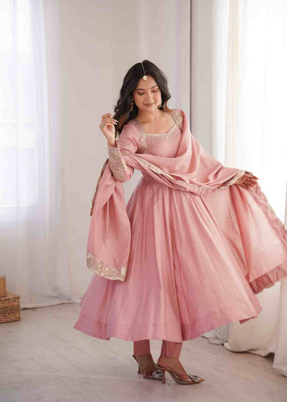 Chanderi dupatta embroidered Anarkali set