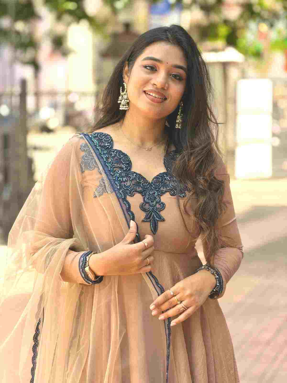 Women’s ethnic wear gown pant set with embroidered Butterfly Net dupatta