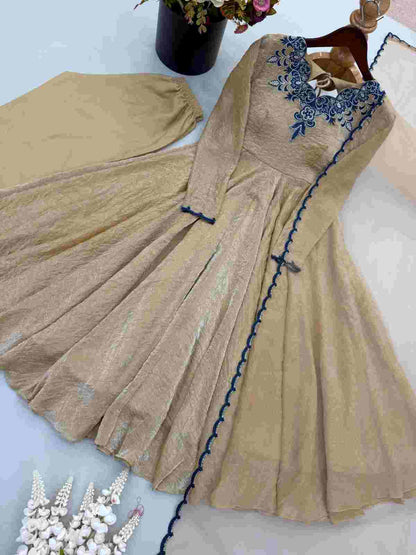 Designer women’s embroidered gown with Micro Cotton pant and net dupatta