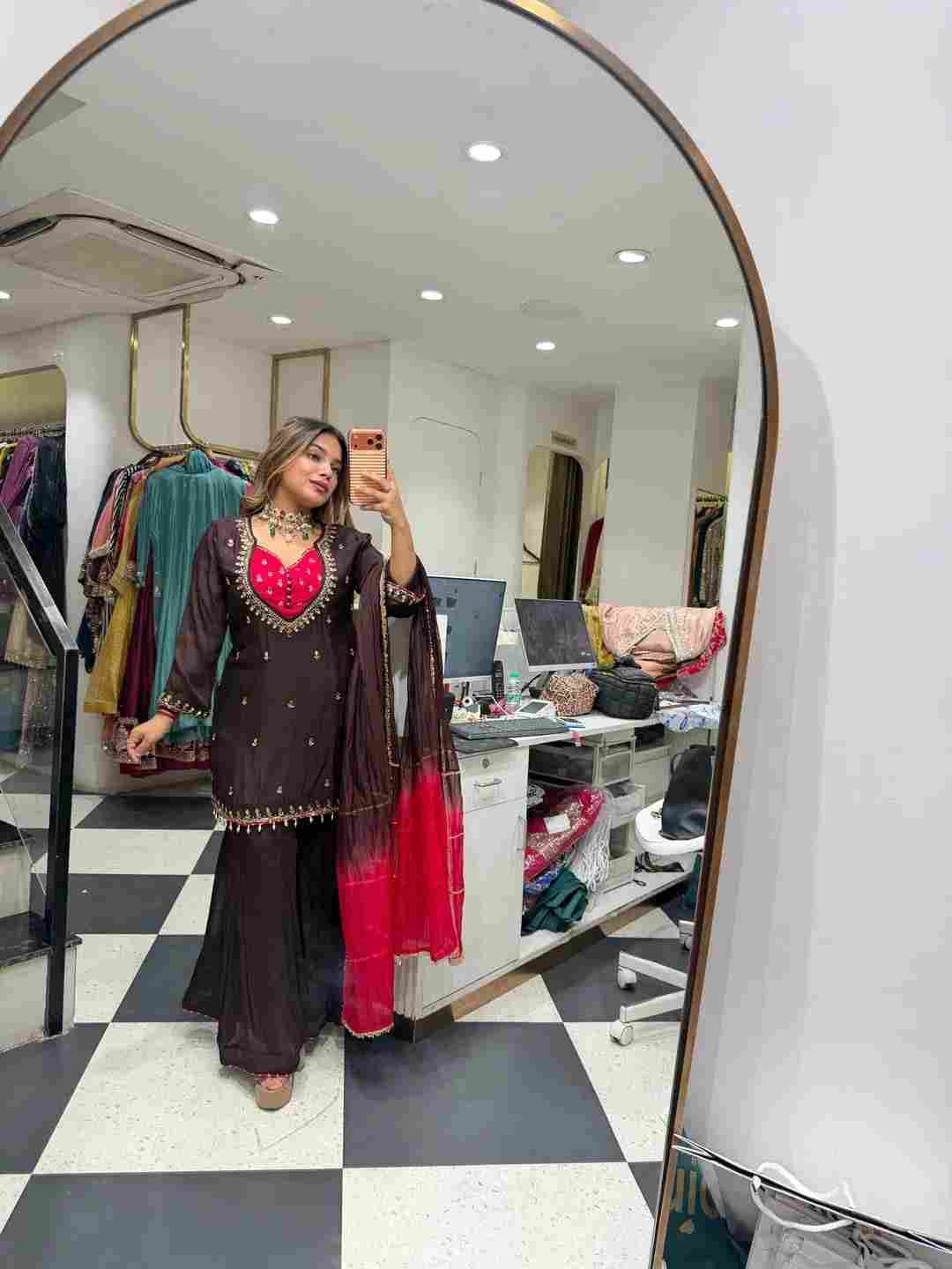 Premium women’s mirror work kurta palazzo set ready to wear