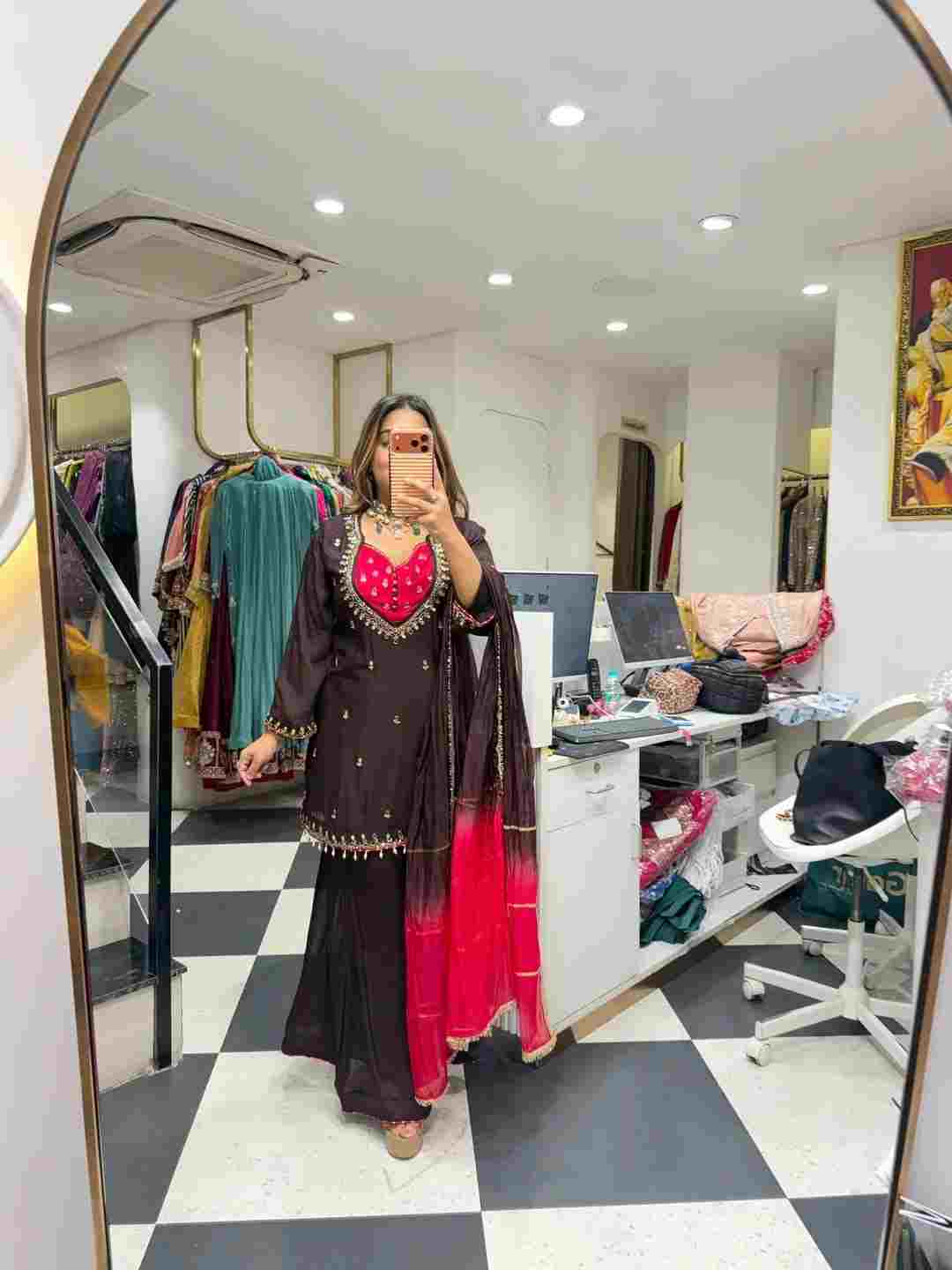 Women’s ethnic wear mirror work kurta with palazzo and Kota Checks dupatta