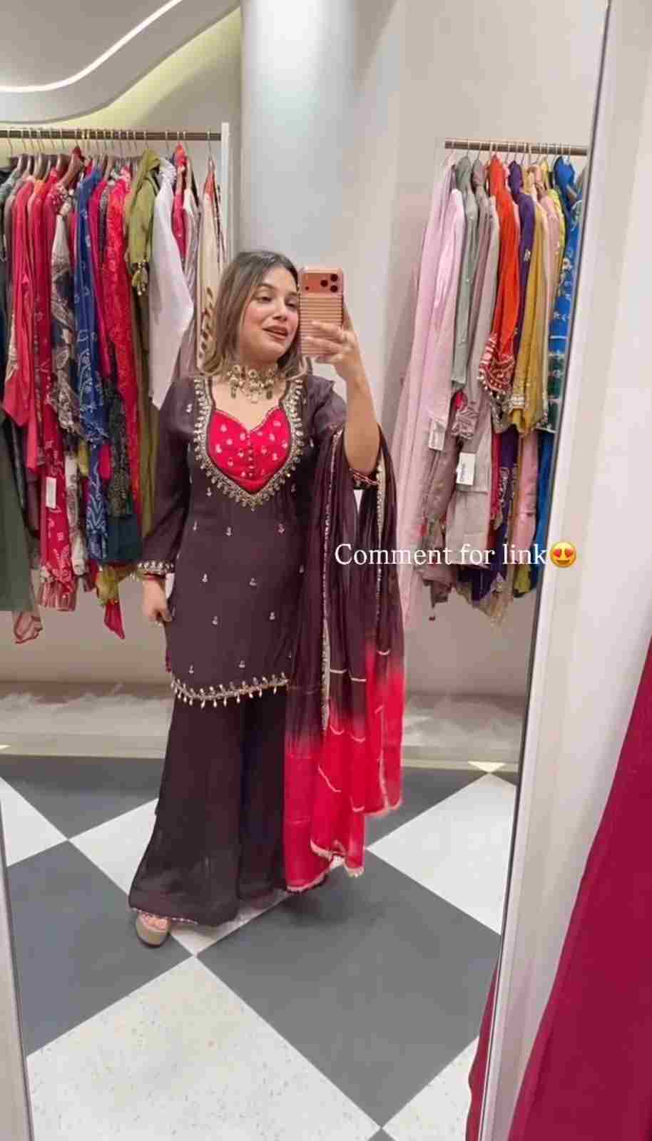 French Crepe mirror work kurta with full sleeves and palazzo for women