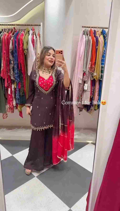 French Crepe mirror work kurta with full sleeves and palazzo for women