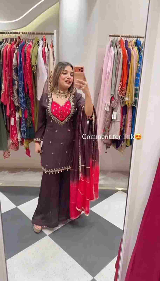 French Crepe mirror work kurta with full sleeves and palazzo for women