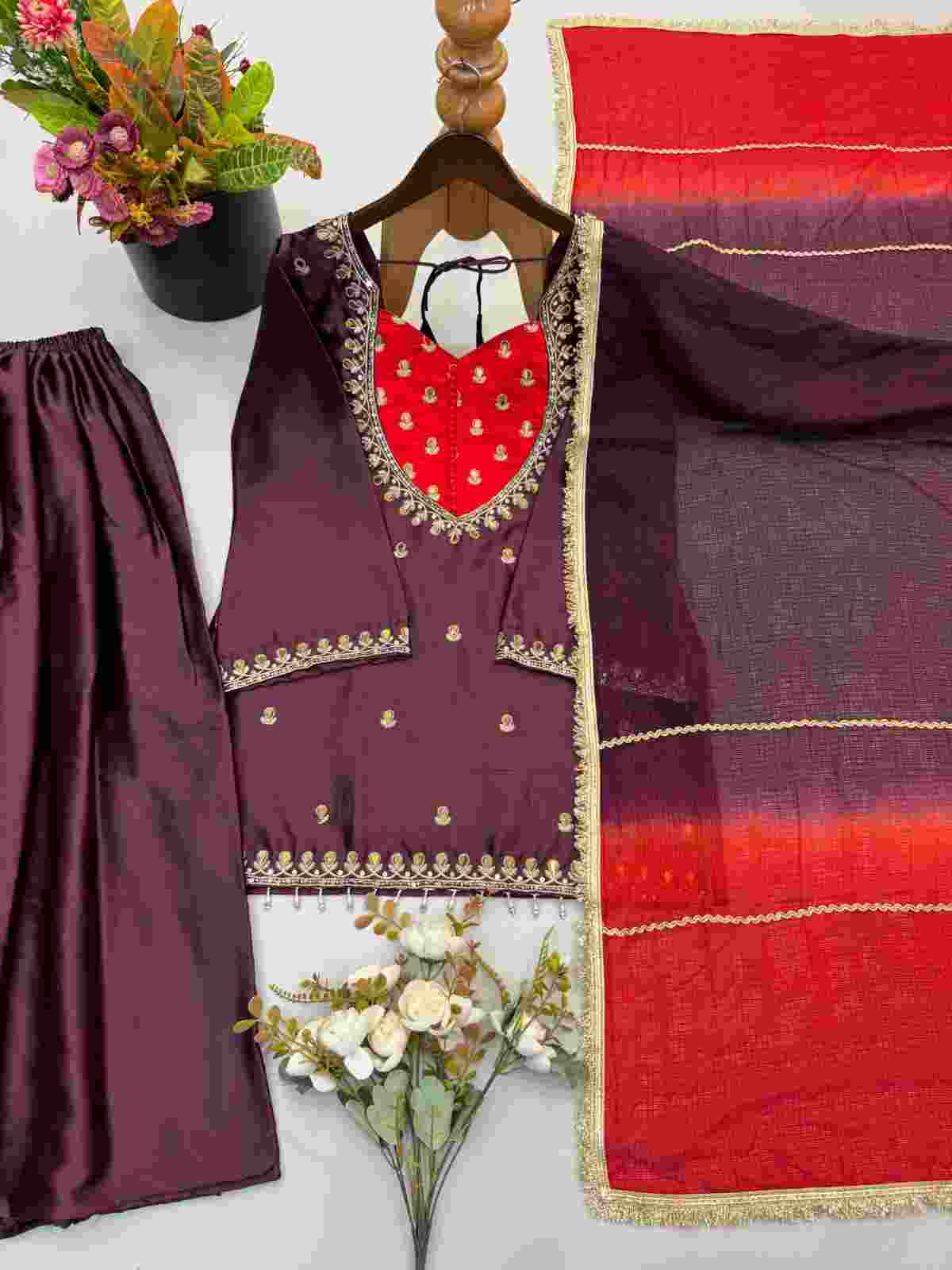 Festive women’s French Crepe kurta palazzo set with mirror work