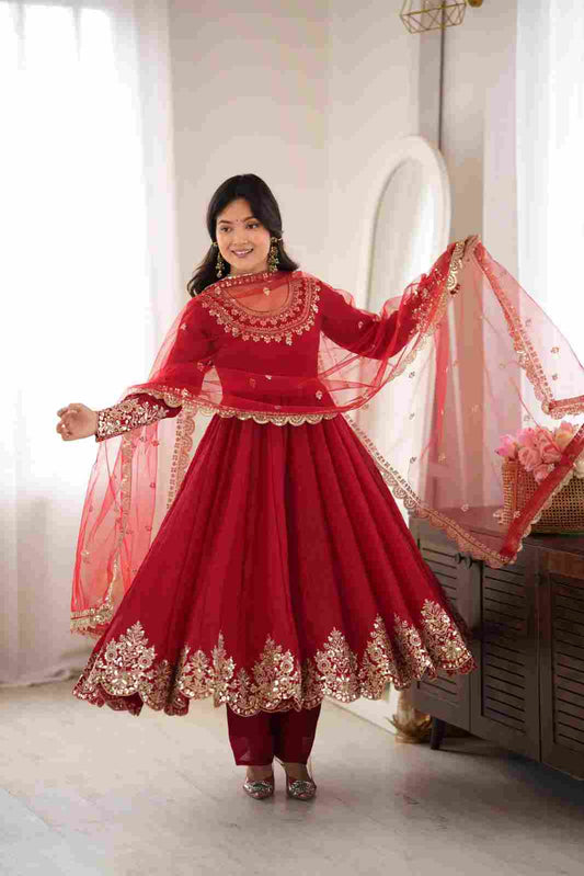 Women’s Doremon Crush sequence work top pant dupatta set