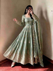Designer Fendy Silk Gown Three Piece Set with Sequence Embroidery