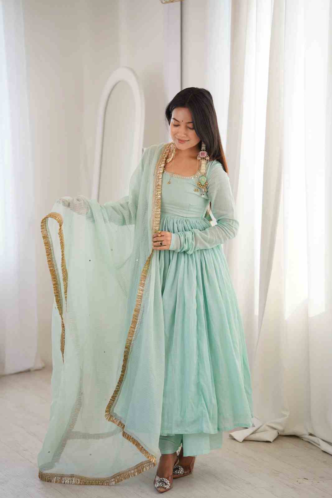 Party Wear Embroidered Designer Anarkali Three Piece Set