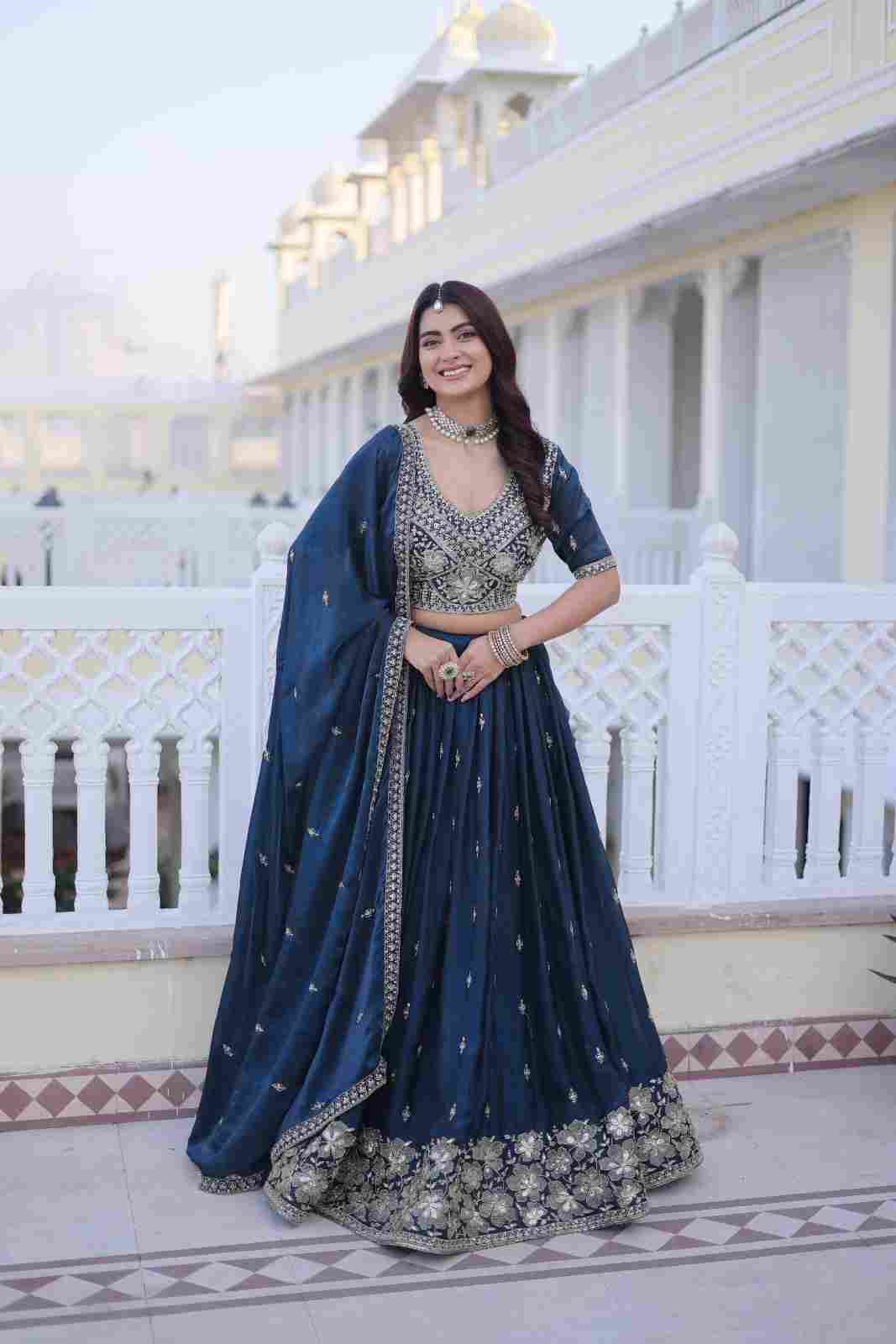 Women’s designer lehenga choli with 3 meter flair, cotton lining and embroidered blouse