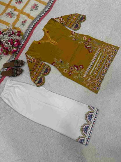 Party wear embroidered top palazzo dupatta set