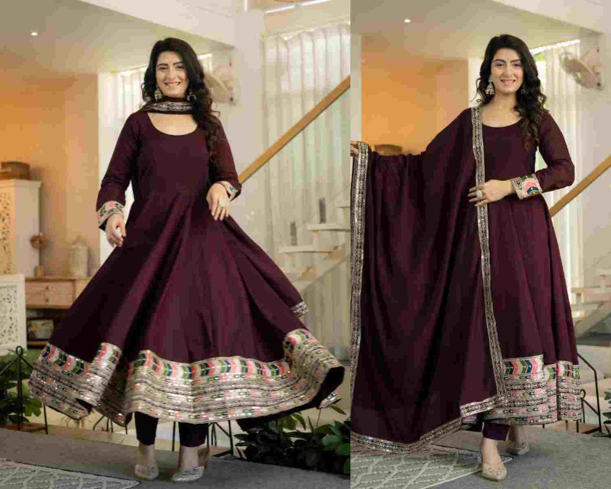 Fully stitched ethnic Anarkali dress for women in heavy Roman silk with sequin detailing