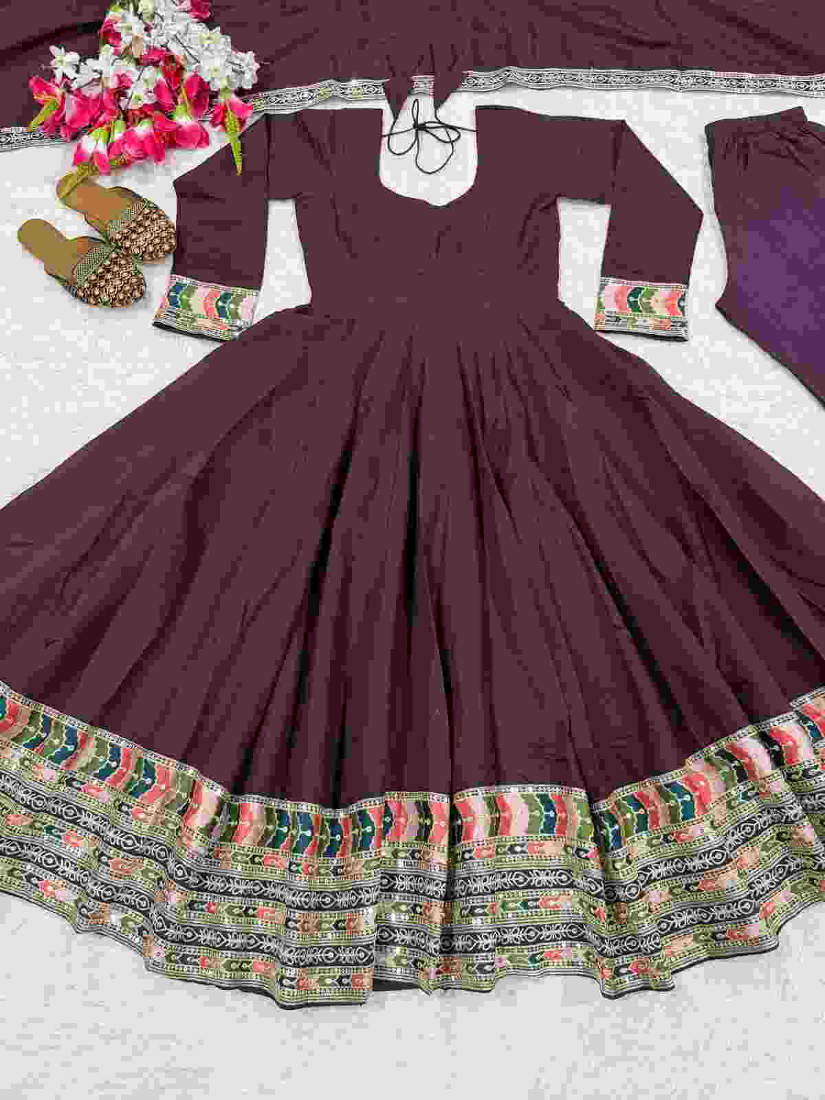 Women’s designer Anarkali dress with embroidered Roman silk fabric and matching dupatta