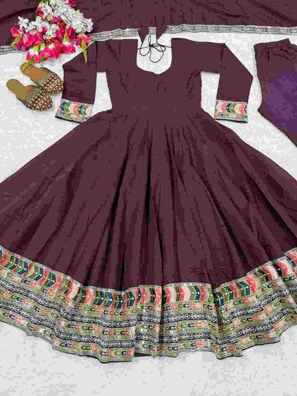 Women’s designer Anarkali dress with embroidered Roman silk fabric and matching dupatta