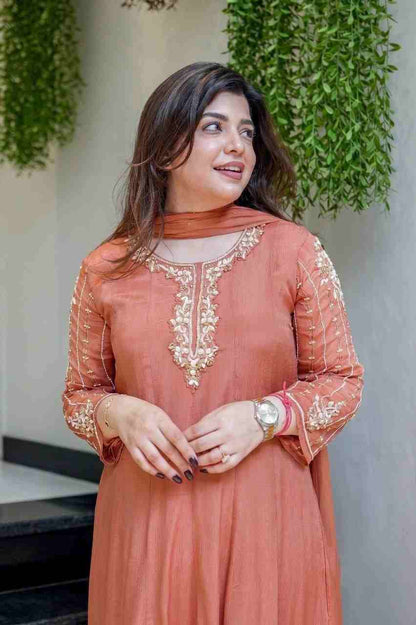 Traditional Hand Work Glass Tissue Top Pant and Dupatta Set