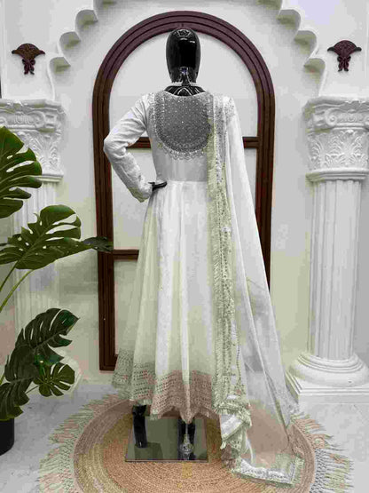 Anarkali Three Piece Set with Micro Cotton Pant and Organza Dupatta