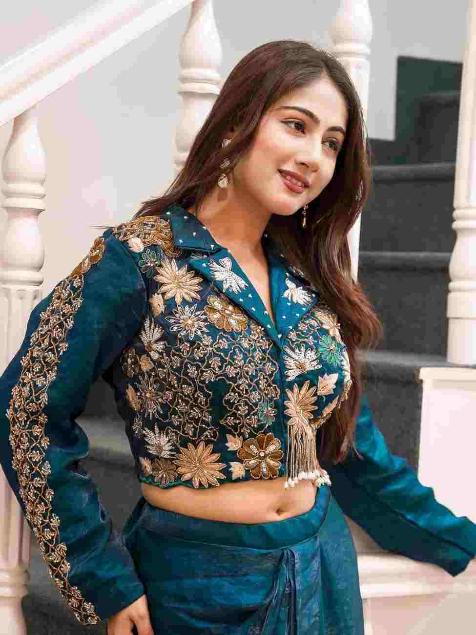 Blue satin silk dhoti blouse set for women