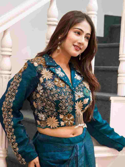 Blue satin silk dhoti blouse set for women