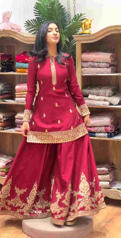 Festive women’s embroidered crepe silk sharara suit set