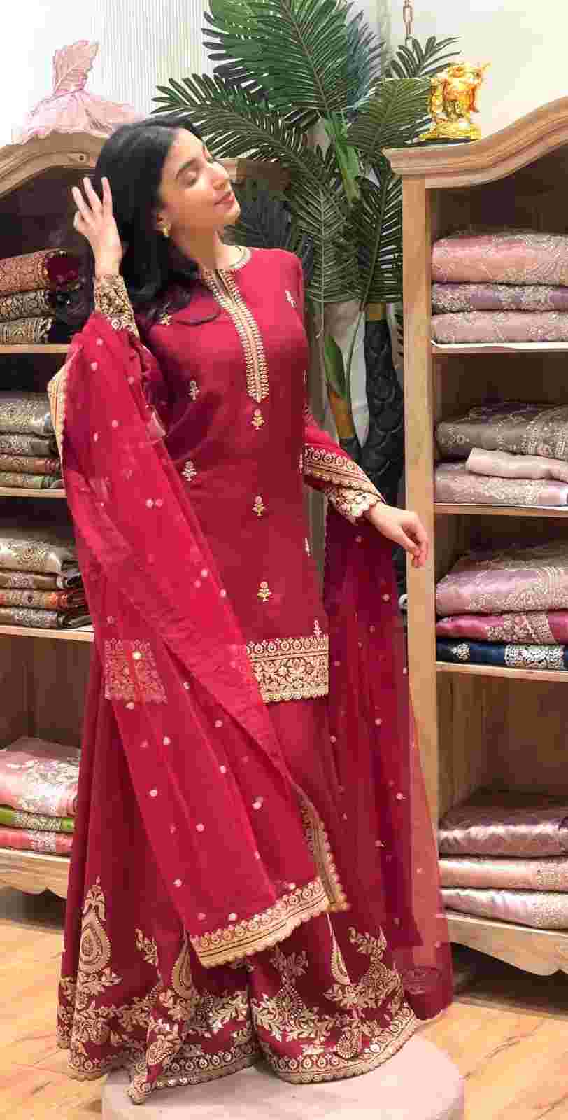 Embroidered women’s sharara plazo set with heavy organza dupatta