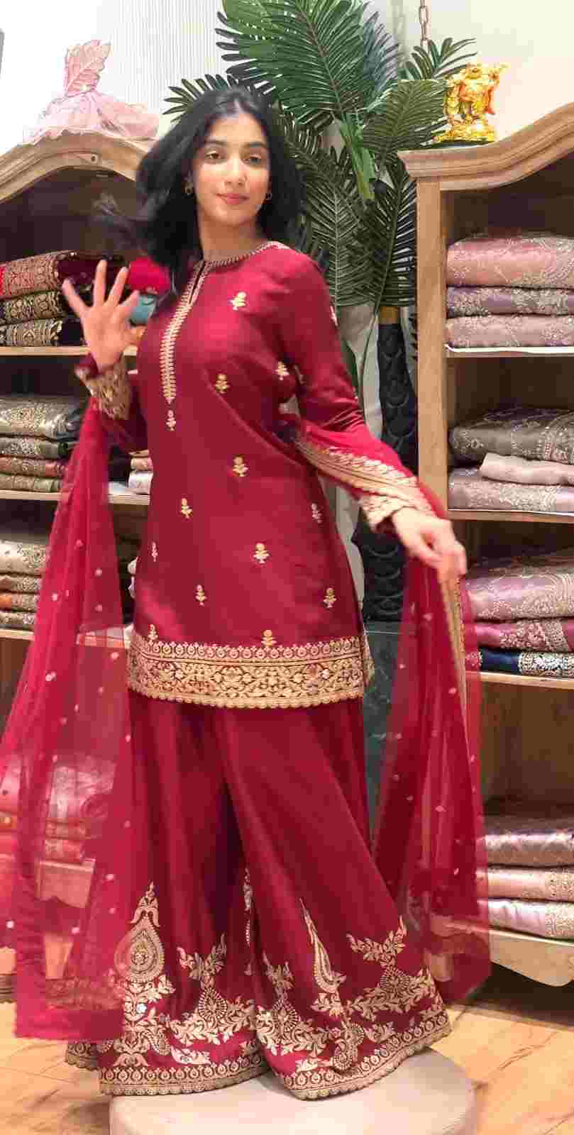 Fully stitched women’s sharara suit with embroidered organza dupatta
