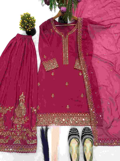 Women’s crepe silk embroidered sharara suit with organza dupatta