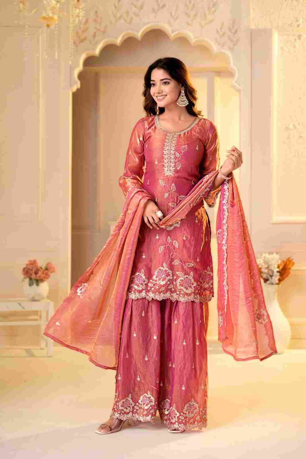 Embroidered Fendy Silk Top and Sharara