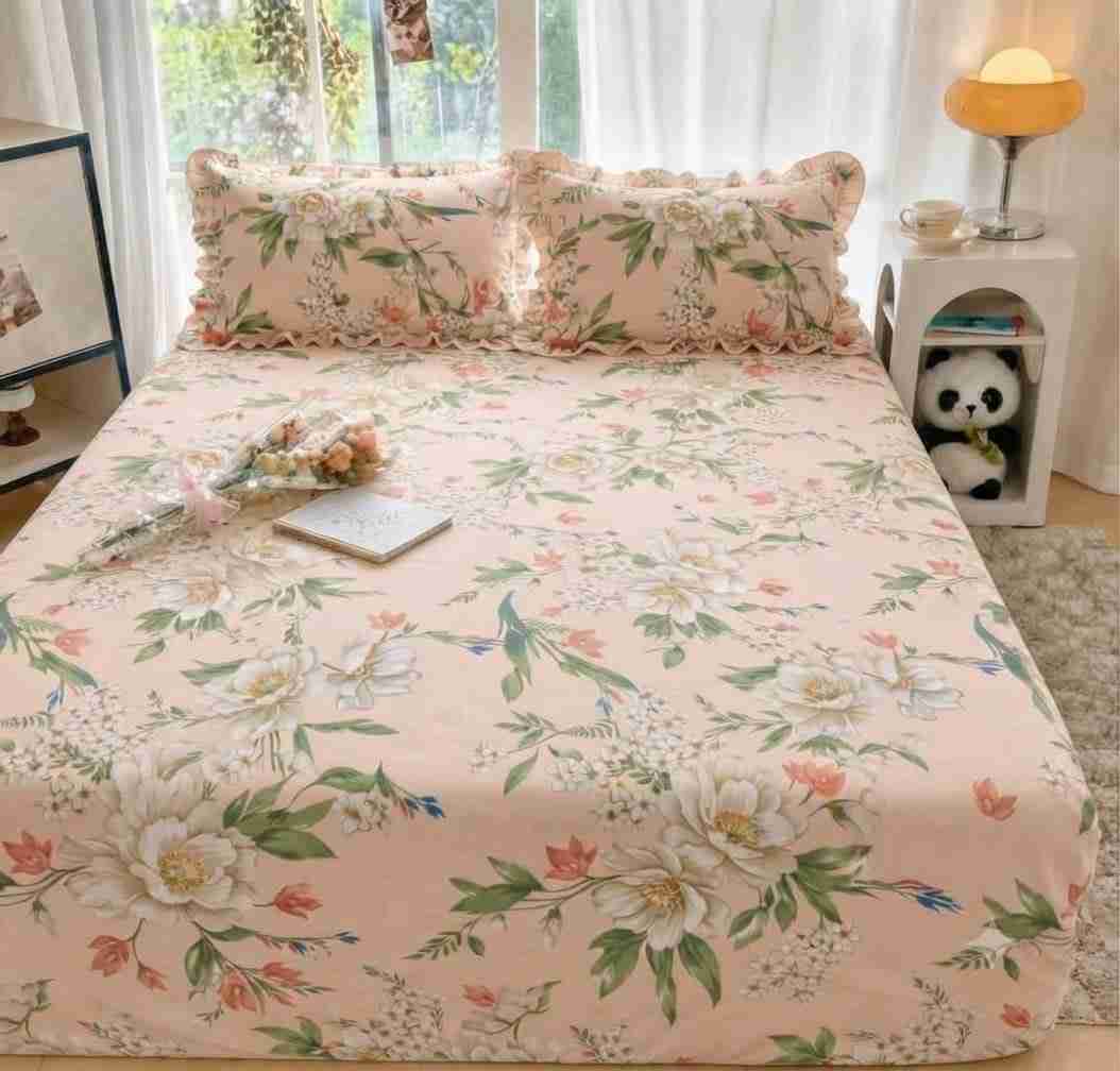 King size cotton elastic fitted bedsheet with frill pillow covers