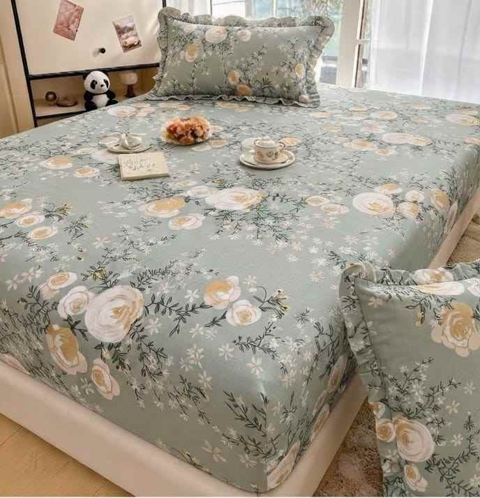 King size cotton elastic fitted bedsheet with frill pillow covers