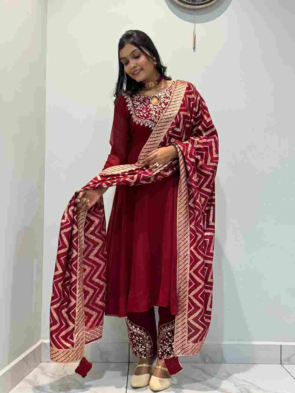Designer Anarkali gown pant set with embroidered detailing