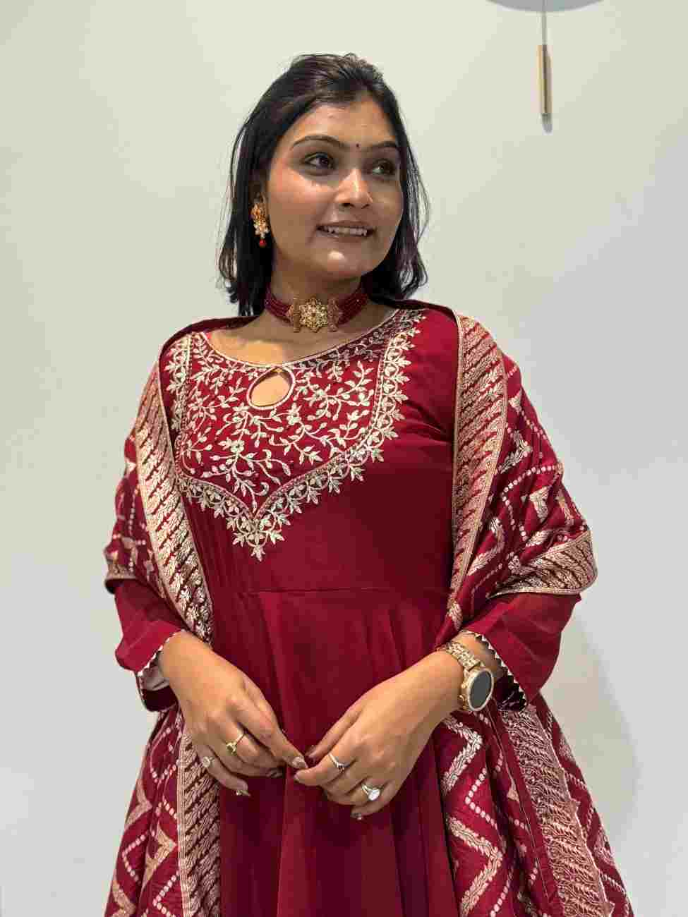 Anarkali gown with sequence and riveted Moti work