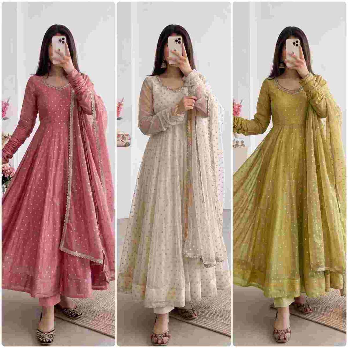 Three-piece party wear gown suit styled for weddings and festive occasions