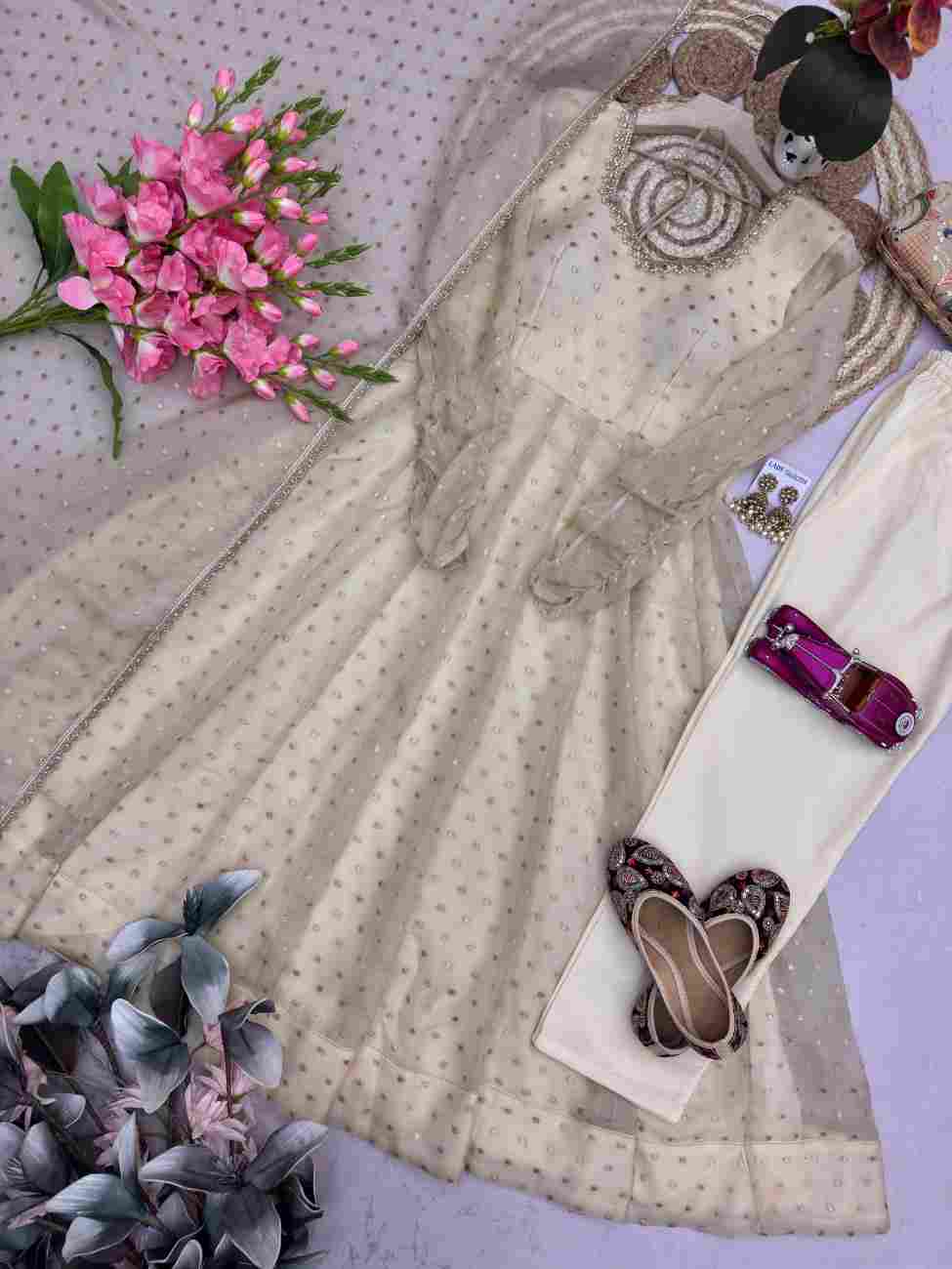 Full stitched silk gown set with dupatta and pant, sizes M-38 to XXL-44, party wear look