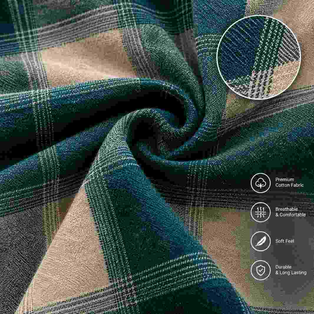 Fabric close-up showing jute cotton weave and checked pattern.