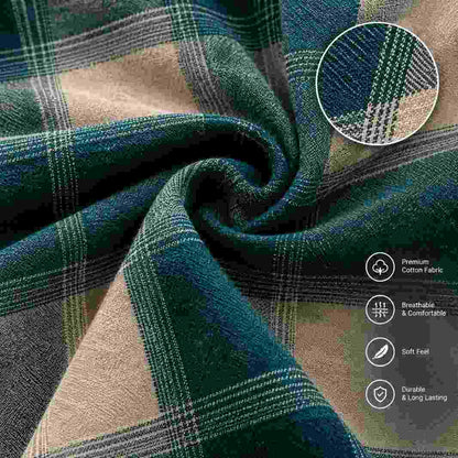 Fabric close-up showing jute cotton weave and checked pattern.