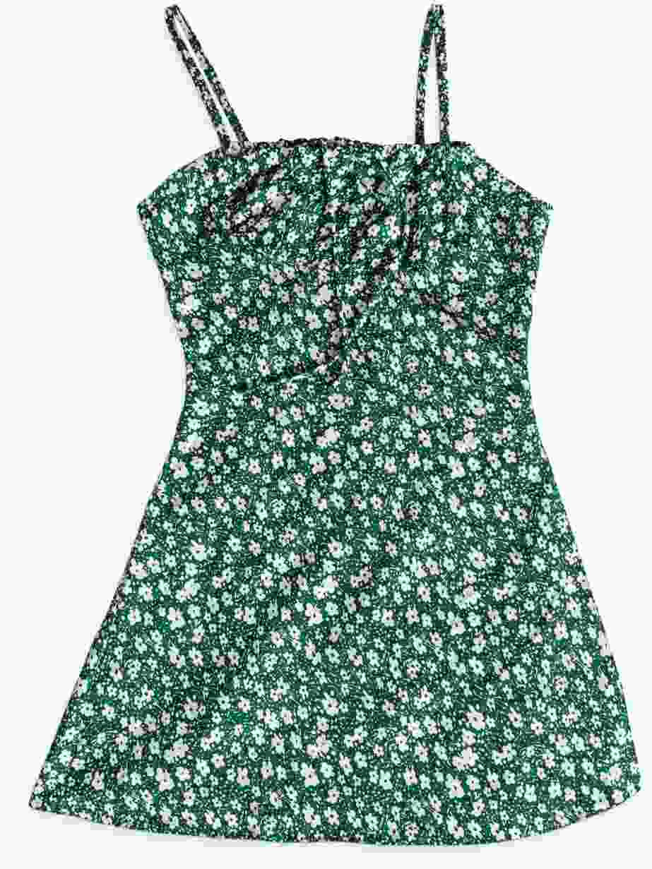 Flat lay shot of a sleeveless A-line floral dress with thin shoulder straps. 