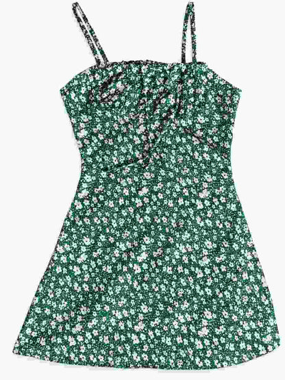 Flat lay shot of a sleeveless A-line floral dress with thin shoulder straps. 