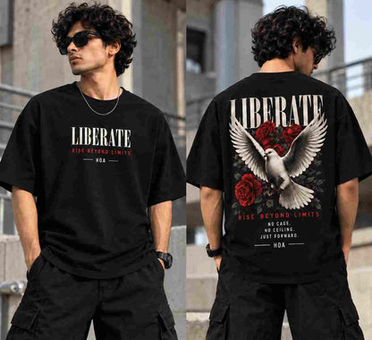 Front and back view of a black 220 GSM oversized tee featuring a white dove and red rose DTF back print.