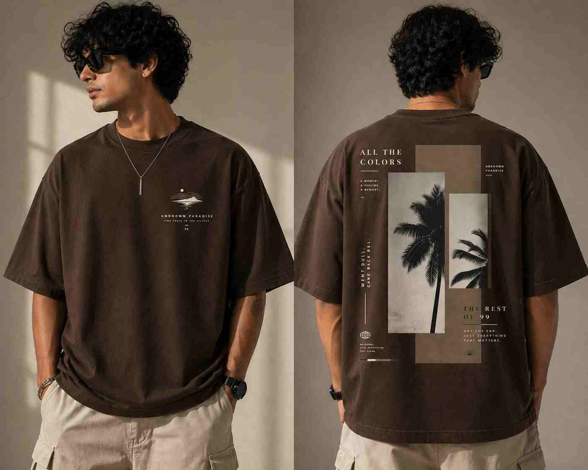 Front and back view of a chocolate brown 220 GSM oversized t-shirt with tropical palm DTF back print.