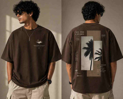 Front and back view of a chocolate brown 220 GSM oversized t-shirt with tropical palm DTF back print.
