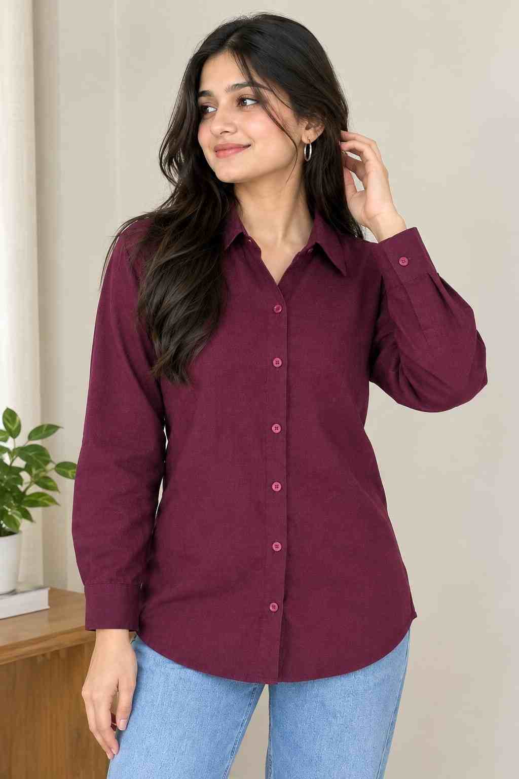 Front standing pose of a solid burgundy synthetic shirt.