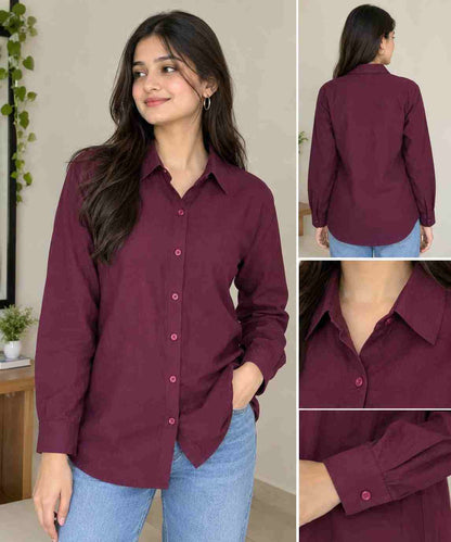 Showing front, back, collar, and cuff views of the burgundy shirt.