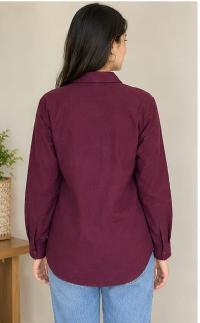 Back view solid burgundy synthetic shirt.   