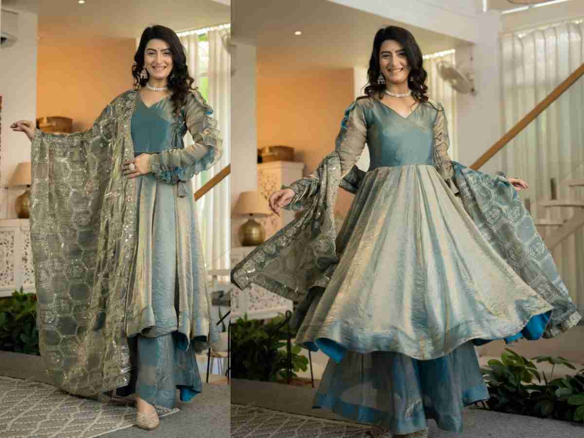 Designer heavy Fandy Silk Anarkali suit with palazzo and dupatta
