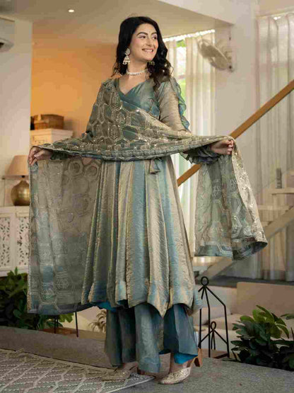 Heavy Fandy Silk Anarkali dress with embroidered dupatta