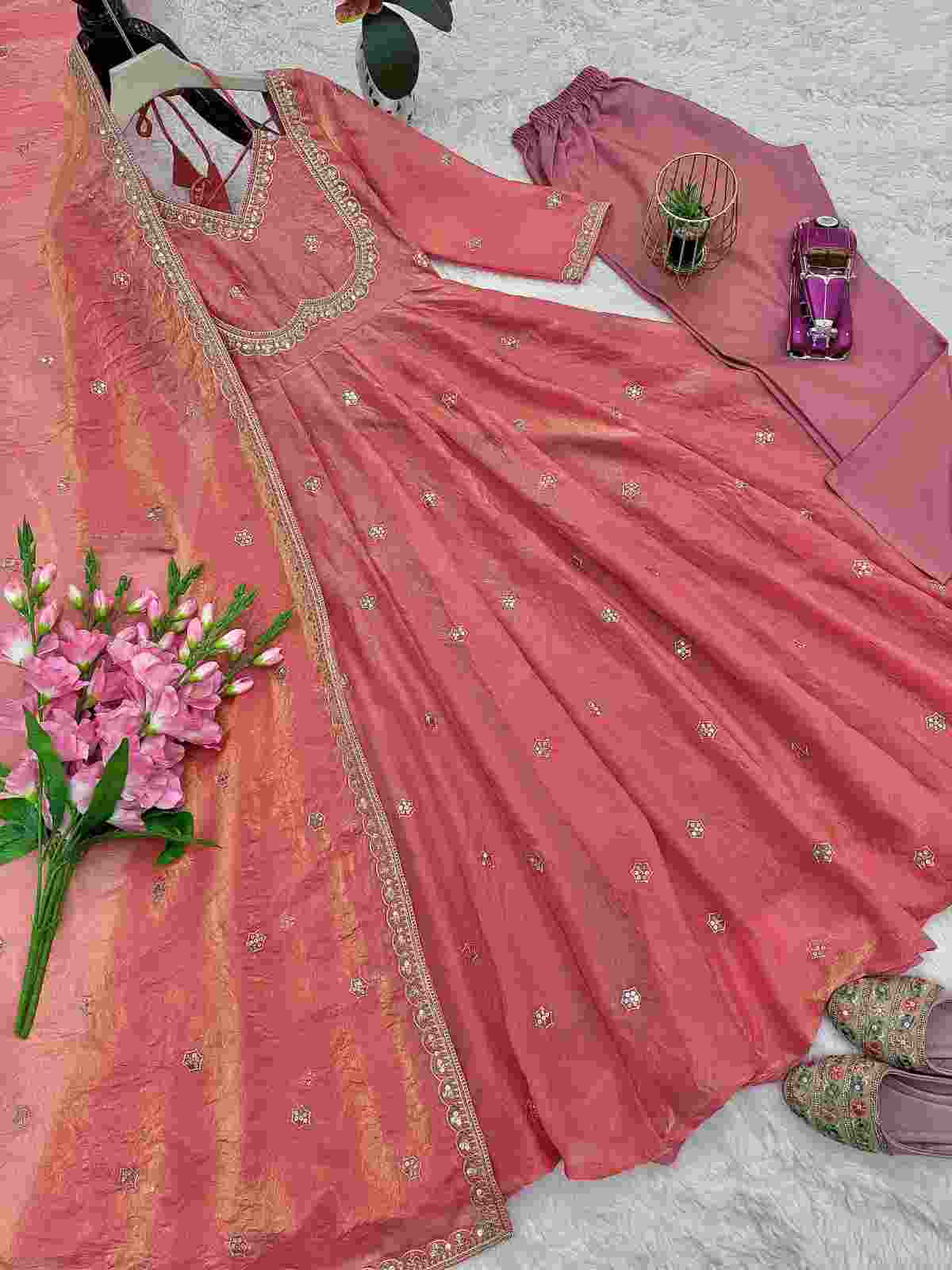 Full-Length View of Designer Embroidered Gown with 3.5 Meter Flair