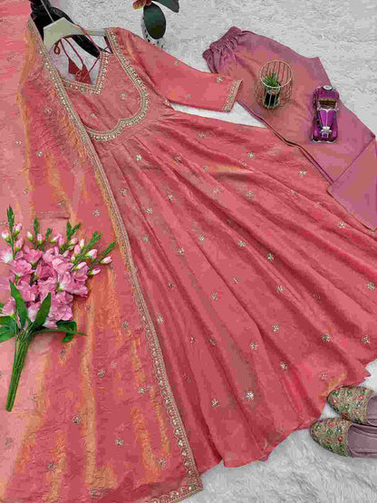 Full-Length View of Designer Embroidered Gown with 3.5 Meter Flair